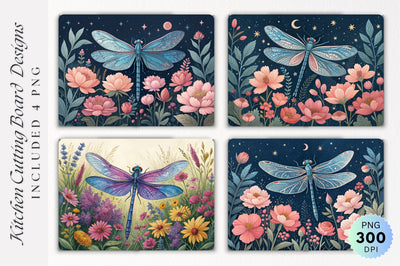Serene Dragonfly with Blue Wings Amidst Garden Blooms Cutting Board PNG Design Sublimation Regulrcrative 