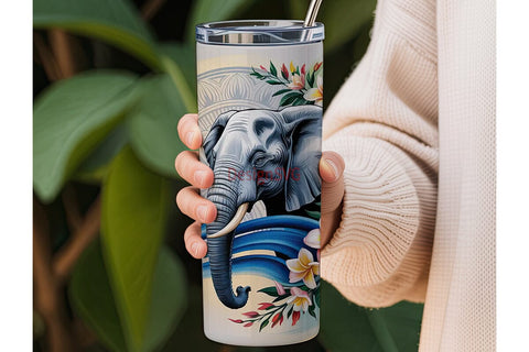 Serene Elephant Frangipani 20oz Tumbler Sublimation DesignSVG 