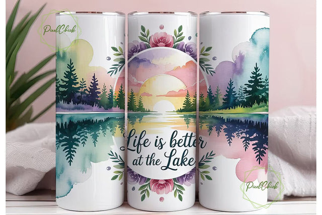 Serene Lake Sunset 20oz Tumbler Wrap Sublimation PixelChick 
