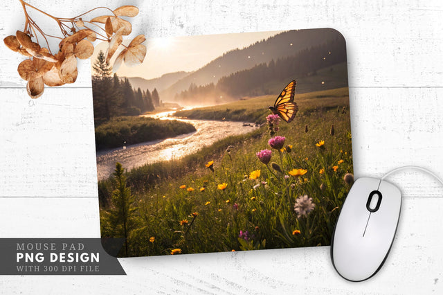 Serene Meadow with Glowing Butterfly Mouse Pad PNG Design Sublimation Regulrcrative 