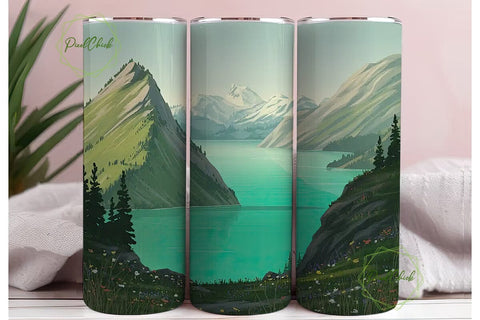 Serene Mountain Lake 20oz Tumbler Wrap Sublimation PixelChick 