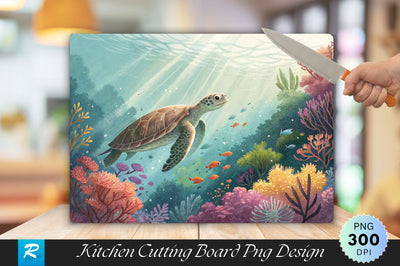 Serene Turtle Glide Among Vibrant Underwater Plants Cutting Board PNG Design Sublimation Regulrcrative 