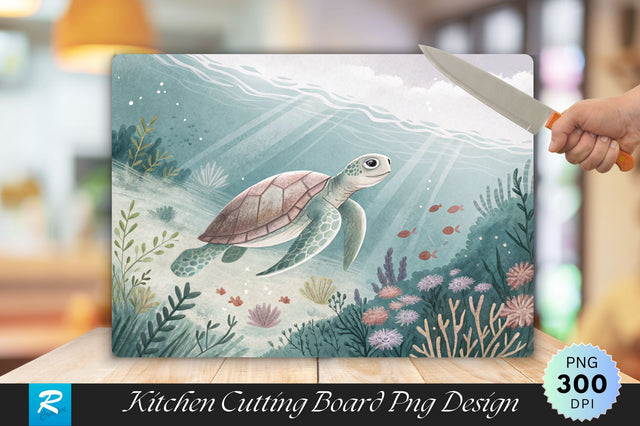 Serene Turtle in Pastel Underwater Scene Cutting Board PNG Design Sublimation Regulrcrative 