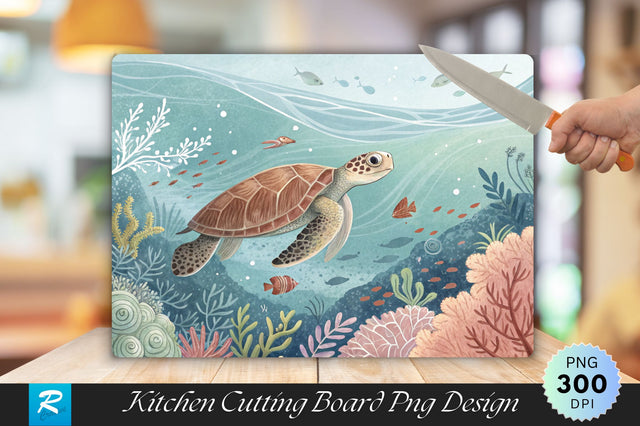 Serene Turtle in Underwater Patterns Cutting Board PNG Design Sublimation Regulrcrative 