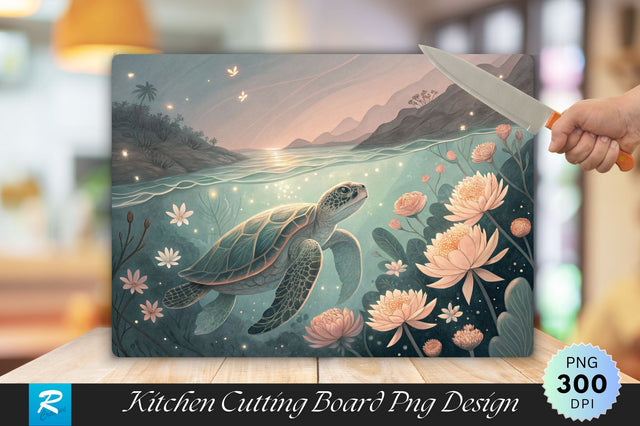 Serene Underwater Turtle with Glowing Floral Patterns Cutting Board PNG Design Sublimation Regulrcrative 