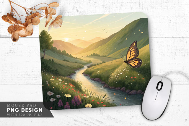 Serene Valley with Glowing Butterfly Mouse Pad Design Sublimation Regulrcrative 