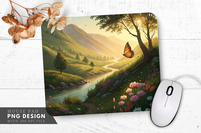 Serene Valley with Glowing Butterfly Mouse Pad PNG Design Sublimation Regulrcrative 