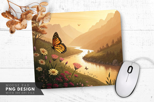 Serene Valley with Glowing Butterfly Mouse Pad Sublimation Regulrcrative 