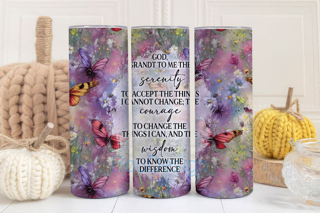 Serenity Prayer, Inspirational, Christian, God Grant Me, Butterflies, 20 Oz Skinny Sublimation Tumbler Wrap, Digital Design PNG Download Sublimation BouDesign 