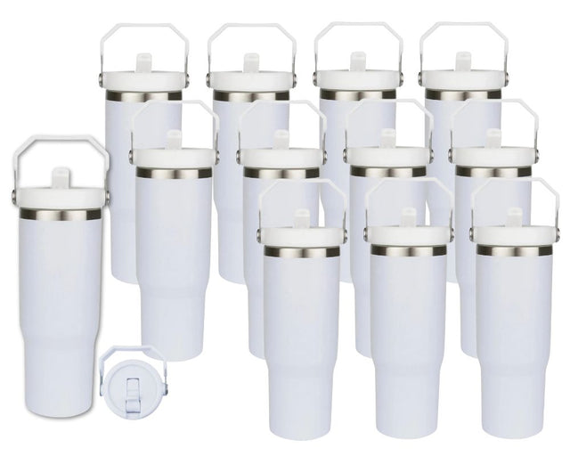 Set of 12 22 oz Tumblers | Flip Straw Tumblers with Lid and Straw - White Physical DIY Craft Warehouse 