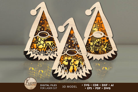 Set of 3 Christmas Gnome Lanterns with LED Light - Christmas Candle Holders SVG LaserCutano 