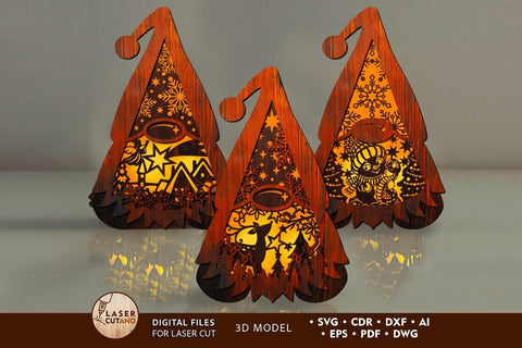 Set of 3 Christmas Gnome Lanterns with LED Light - Christmas Candle Holders SVG LaserCutano 