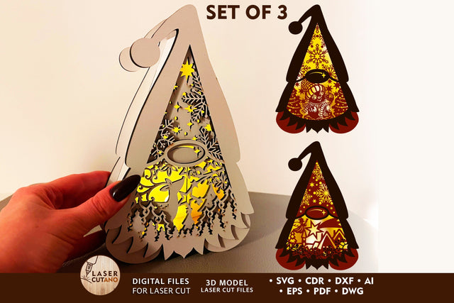 Set of 3 Christmas Gnome Lanterns with LED Light - Christmas Candle Holders SVG LaserCutano 