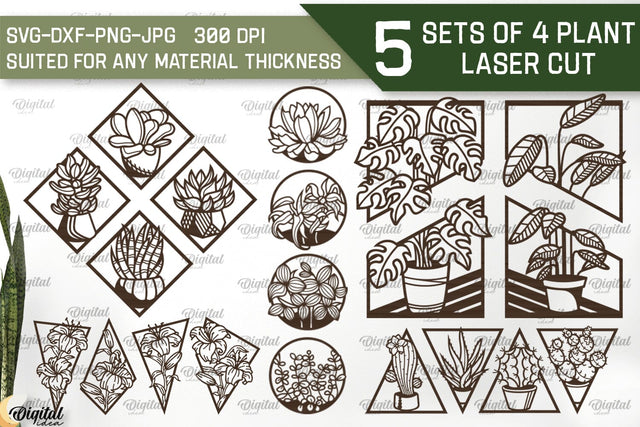 Set Of 4 Plant Laser Cut Bundle. Wall Decor SVG SVG Evgenyia Guschina 