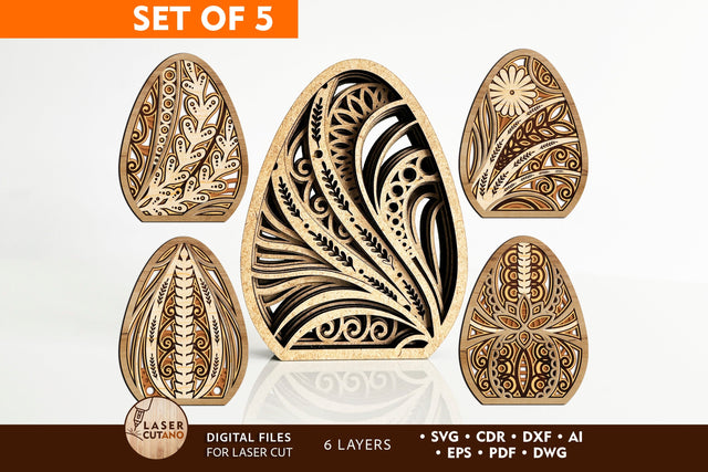 Set of 5 Multilayer Easter Eggs Templates, Laser Cut Files SVG LaserCutano 