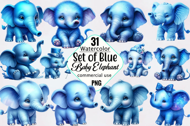 Set of Blue Baby Elephant Sublimation Clipart Bundle Sublimation SVGArt 