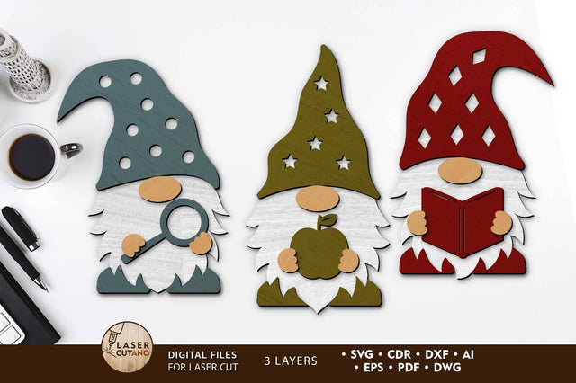 SET of School Gnomes, Decorative Templates SVG LaserCutano 