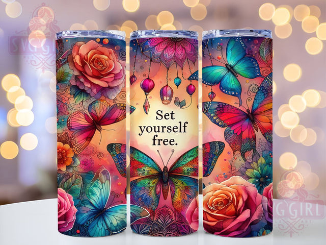 Set Yourself Free Floral Butterfly 20oz Tumbler Wrap Sublimation Design, Straight Tapered Tumbler Wrap, Inspiration Quote Tumbler Png, Instant Digital Download Sublimation SvggirlplusArt 
