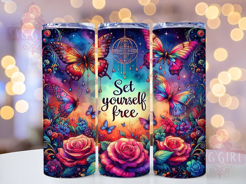 Set Yourself Free Floral Butterfly 20oz Tumbler Wrap Sublimation Design, Straight Tapered Tumbler Wrap, Inspiration Quote Tumbler Png, Instant Digital Download Sublimation SvggirlplusArt 