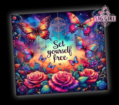 Set Yourself Free Floral Butterfly 20oz Tumbler Wrap Sublimation Design, Straight Tapered Tumbler Wrap, Inspiration Quote Tumbler Png, Instant Digital Download Sublimation SvggirlplusArt 