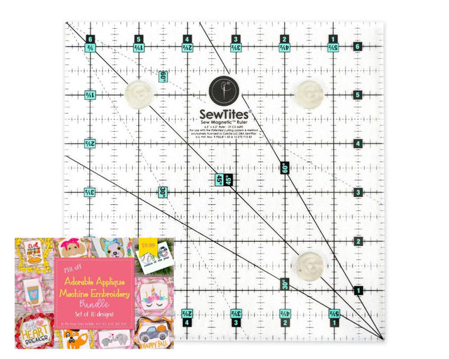 Sew Magnetic 6.5" x 6.5" Ruler with Free Embroidery and Applique Design Bundle Physical SewTites 