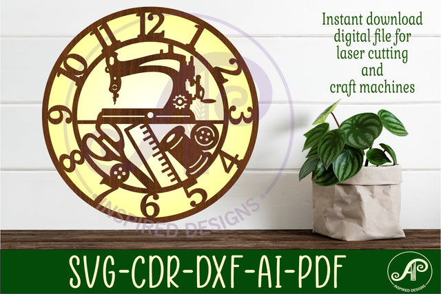 Sewing clock wall clock laser cut files, SVG SVG APInspireddesigns 
