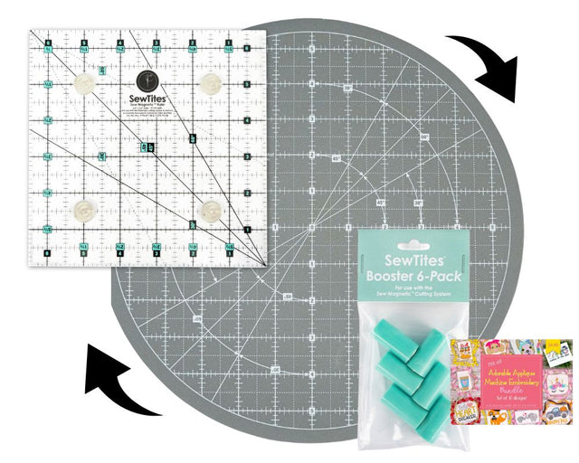 SewTites Sew Magnetic 11" Rotating Self Healing Cutting Mat, 6.5" Ruler, 6 Boosters and Design Pack Bundle Physical SewTites 