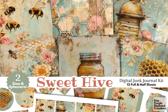 Shabby Chic Bees Digital Junk Journal Kit Half Page Digital Pattern Fine Purple Elephant Creations 