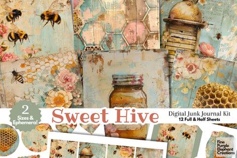 Shabby Chic Bees Digital Junk Journal Kit Half Page Digital Pattern Fine Purple Elephant Creations 