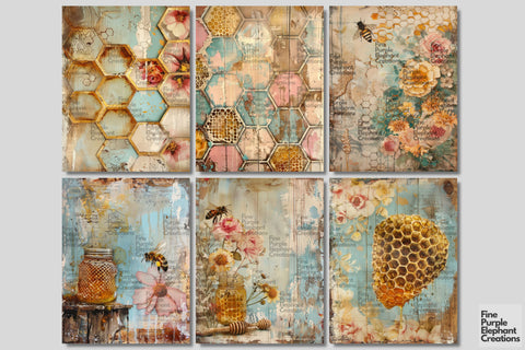 Shabby Chic Bees Digital Junk Journal Kit Half Page Digital Pattern Fine Purple Elephant Creations 
