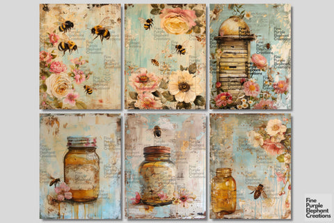 Shabby Chic Bees Digital Junk Journal Kit Half Page Digital Pattern Fine Purple Elephant Creations 