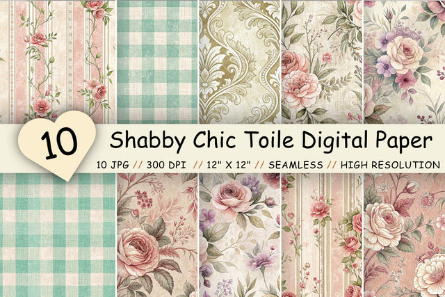 Shabby Chic Toile Digital Paper Pack, Vintage Floral Toile, Gingham & Stripe Seamless Patterns, Scrapbooking & Printable Crafts Digital Pattern FloridPrintables 