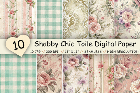 Shabby Chic Toile Digital Paper Pack, Vintage Floral Toile, Gingham & Stripe Seamless Patterns, Scrapbooking & Printable Crafts Digital Pattern FloridPrintables 