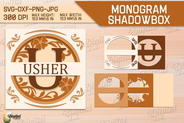 Shadow Box Alphabet SVG. Letter U. Personalized Split Monogram 3D Paper Evgenyia Guschina 