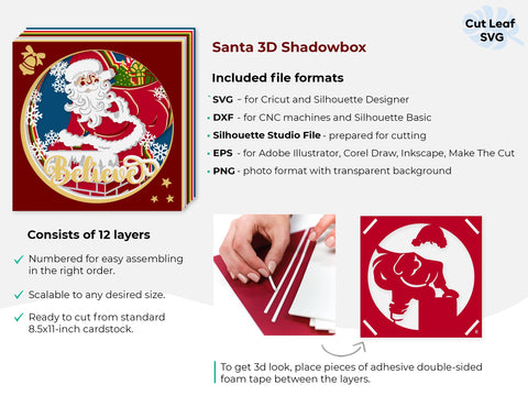 Shadow box svg Christmas - 3d Santa svg, Shadow Box svg, Christmas svg, Believe svg, Layered svg, Cricut projects, Cardstock svg SVG CutLeafSvg 
