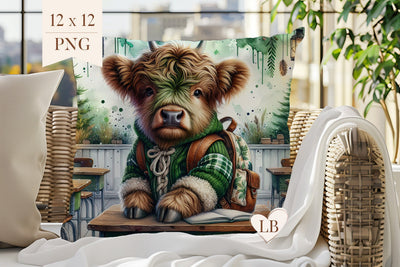 Shaggy Cow Pillow Sublimation - Woodland Pillow Cover PNG Sublimation BijouBay 