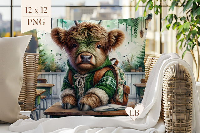 Shaggy Cow Pillow Sublimation - Woodland Pillow Cover PNG Sublimation BijouBay 