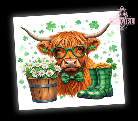 Shamrock Highland Cow 20oz Tumbler, St. Patrick's Day Drinkware, 20oz Tumbler Wrap, Cow Sublimation Art, Irish Cow Gift, Cute Highland Cow Design, Shamrock Tumbler Wrap Sublimation SvggirlplusArt 