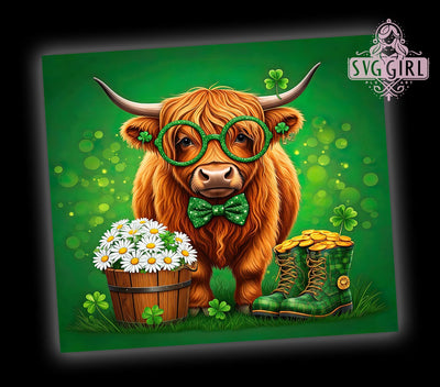 Shamrock Highland Cow 20oz Tumbler, St. Patrick's Day Drinkware, 20oz Tumbler Wrap, Cow Sublimation Art, Irish Cow Gift, Cute Highland Cow Design, Shamrock Tumbler Wrap Sublimation SvggirlplusArt 