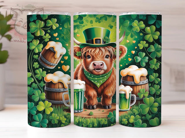 Shamrock Highland Cow Tumbler, Seamless Shamrock Tumbler, Stylish 20oz Wrap, Sublimation Design, Trendy Gift Idea, Irish Cow Wrap, St. Patrick’s Lucky Tumbler Sublimation Lara' s Designs 