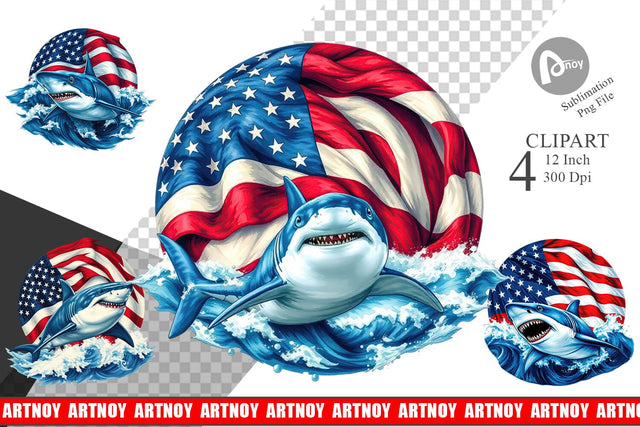 Shark 4th of July Clipart Sublimation artnoy 