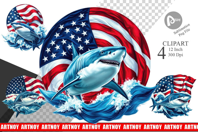 Shark 4th of July Clipart Sublimation artnoy 