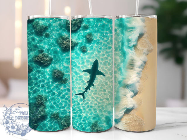 Shark Beach Tumbler, 20oz Tumbler Wrap, Sublimation Design, Ocean Theme Tumbler, Summer Drinkware, Digital Download, Shark Lover Gift Sublimation ToriDesigns 
