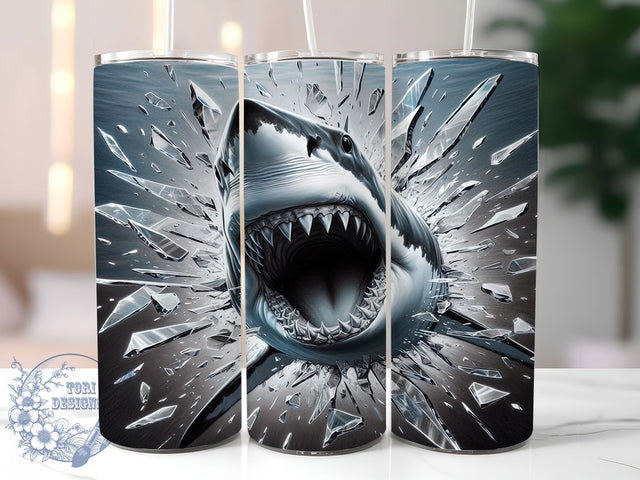 Shark Breaking Glass 20oz Ocean Tumbler, Shark Tumbler, Breaking Glass Design, 20oz Sublimation Wrap, Ocean Theme Drinkware, Unique Tumblers, Marine Life Design, Fun Drinkware Sublimation ToriDesigns 