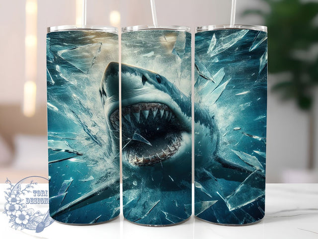 Shark Breaking Glass 20oz Ocean Tumbler, Shark Tumbler, Breaking Glass Design, 20oz Sublimation Wrap, Ocean Theme Drinkware, Unique Tumblers, Marine Life Design, Fun Drinkware Sublimation ToriDesigns 