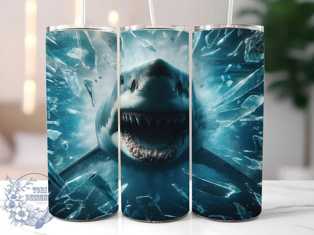 Shark Breaking Glass 20oz Ocean Tumbler, Shark Tumbler, Breaking Glass Design, 20oz Sublimation Wrap, Ocean Theme Drinkware, Unique Tumblers, Marine Life Design, Fun Drinkware Sublimation ToriDesigns 