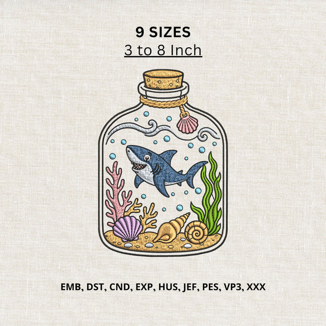 Shark in a Bottle Machine Embroidery Design – Ocean Marine Life Embroidery File Embroidery/Applique DESIGNS PatternFeed8 
