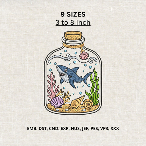 Shark in a Bottle Machine Embroidery Design – Ocean Marine Life Embroidery File Embroidery/Applique DESIGNS PatternFeed8 