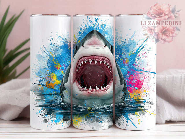 Shark Ocean Waves Marine Tumbler, Ocean Waves Design, 20oz Tumbler Sublimation, Abstract Sea Art, Deep Blue Aesthetic, Marine Life Gift, Watercolor Shark Print Sublimation Li Zamperini 