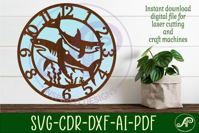 Sharks clock wall clock laser cut files, SVG SVG APInspireddesigns 